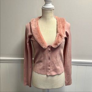 Aritzia Sunday Best Pink Faux Fur Collar Ever Cardigan Medium